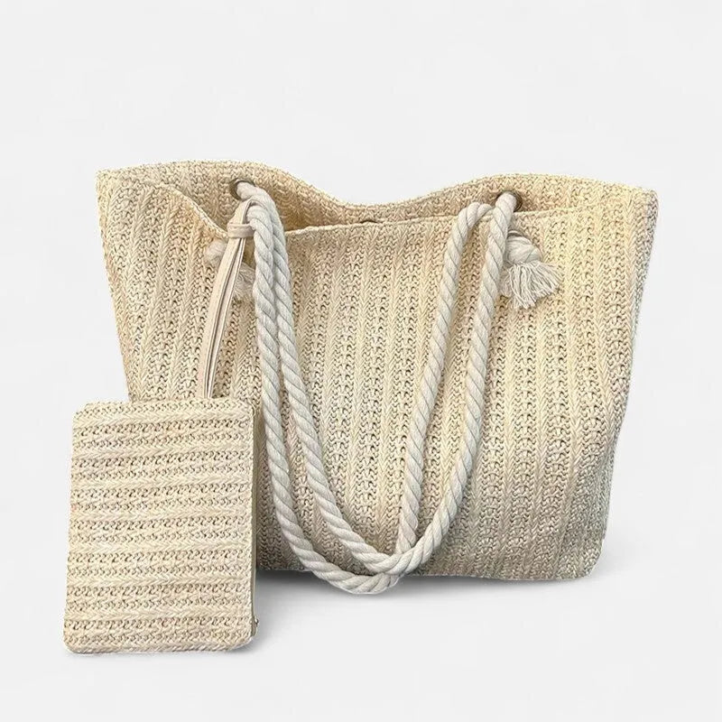 Grand sac à main cabas en paille avec anses en corde et pochette assortie Livia