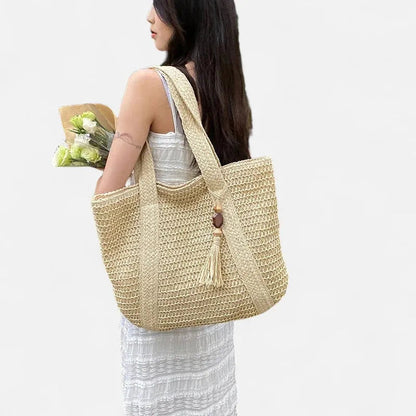 Grand sac à main cabas en paille avec pompon Naïma