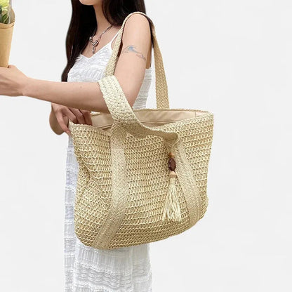 Grand sac à main cabas en paille avec pompon Naïma