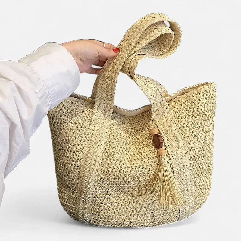 Grand sac à main cabas en paille avec pompon Naïma