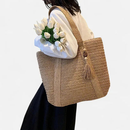 Grand sac à main cabas en paille avec pompon Naïma