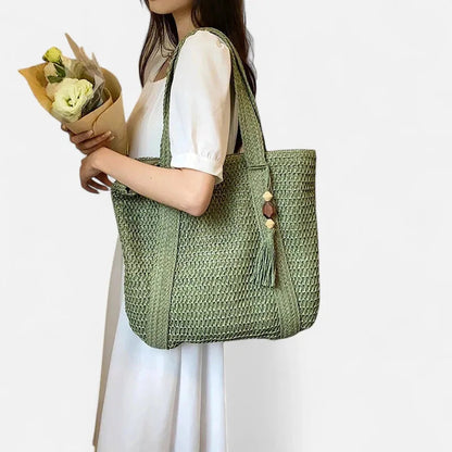 Grand sac à main cabas en paille avec pompon Naïma