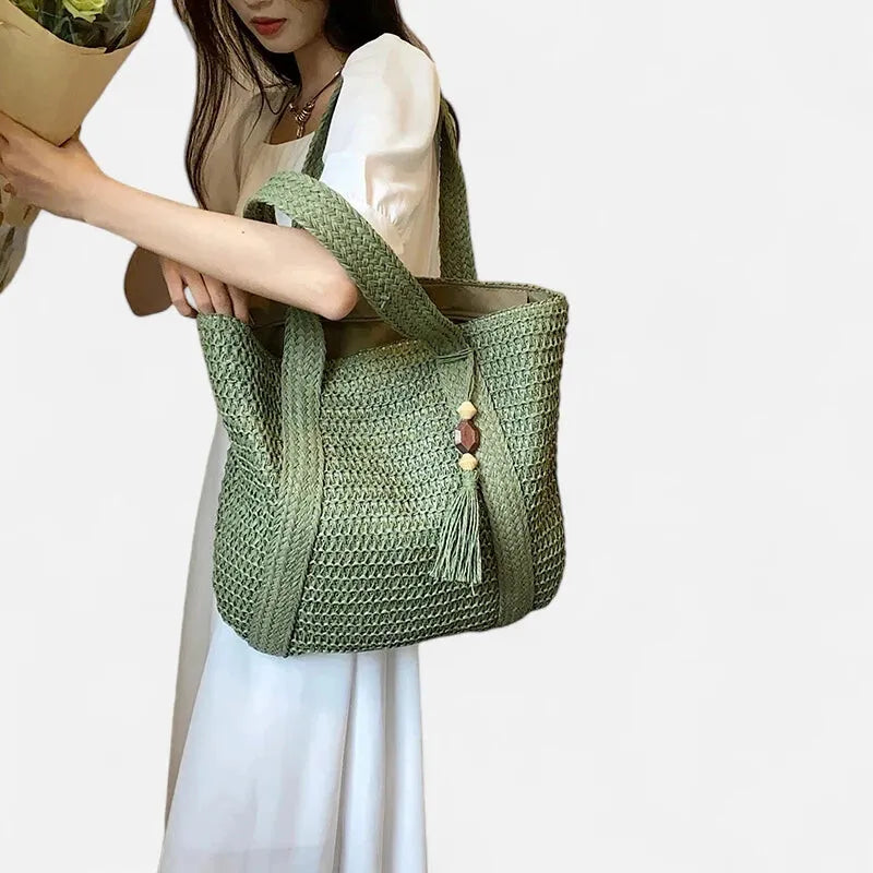 Grand sac à main cabas en paille avec pompon Naïma