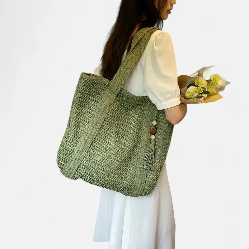 Grand sac à main cabas en paille avec pompon Naïma