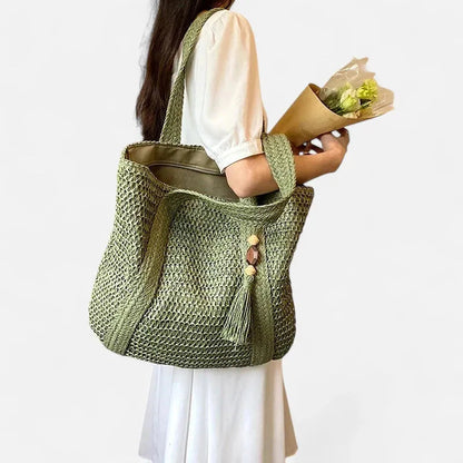 Grand sac à main cabas en paille avec pompon Naïma