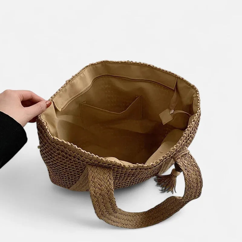 Grand sac à main cabas en paille avec pompon Naïma