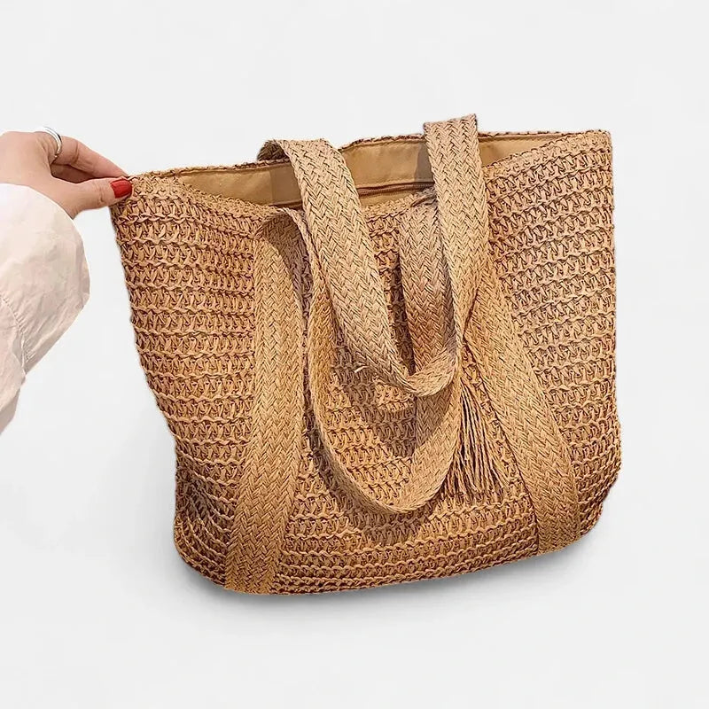 Grand sac à main cabas en paille avec pompon Naïma