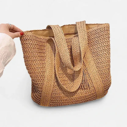 Grand sac à main cabas en paille avec pompon Naïma