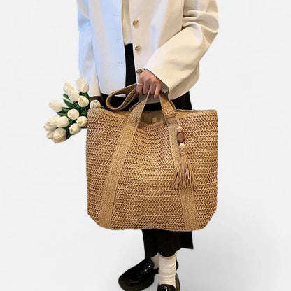 Grand sac à main cabas en paille avec pompon Naïma