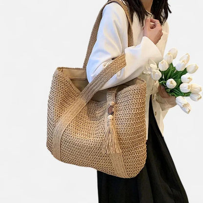 Grand sac à main cabas en paille avec pompon Naïma