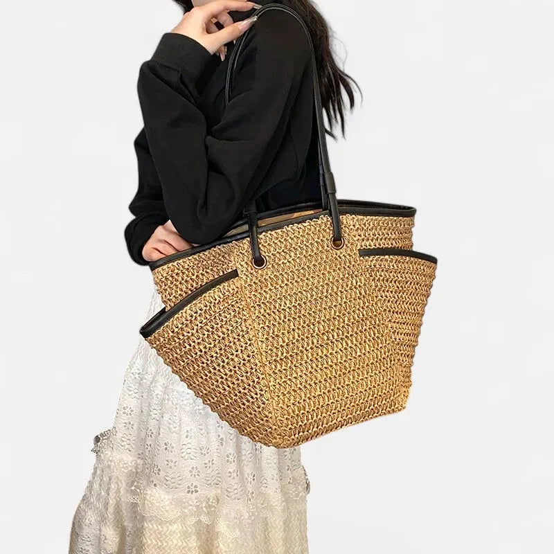 Grand sac à main cabas en paille Léa