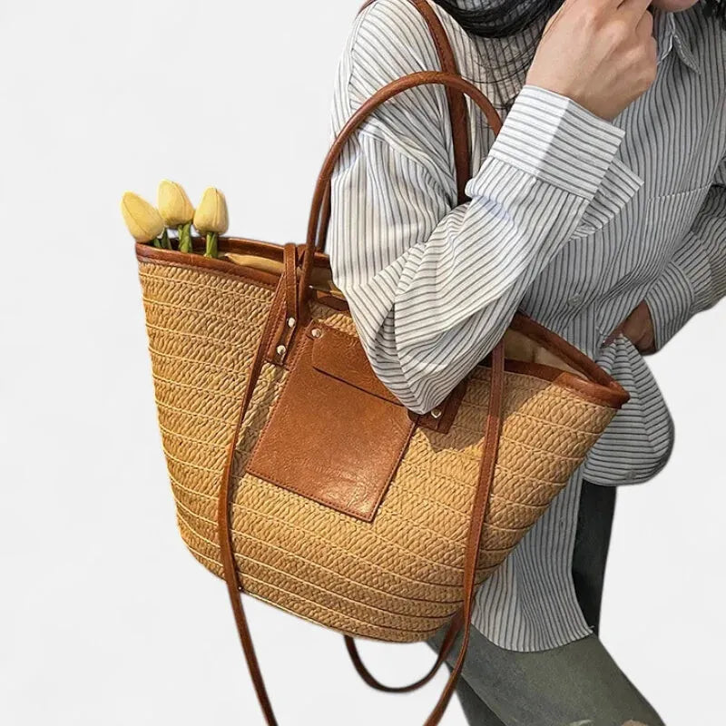 Grand sac à main cabas panier en paille double porté Anaëlle