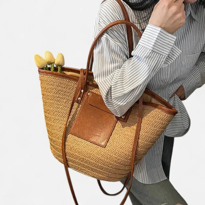 Grand sac à main cabas panier en paille double porté Anaëlle