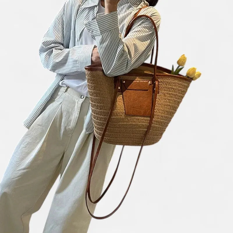 Grand sac à main cabas panier en paille double porté Anaëlle