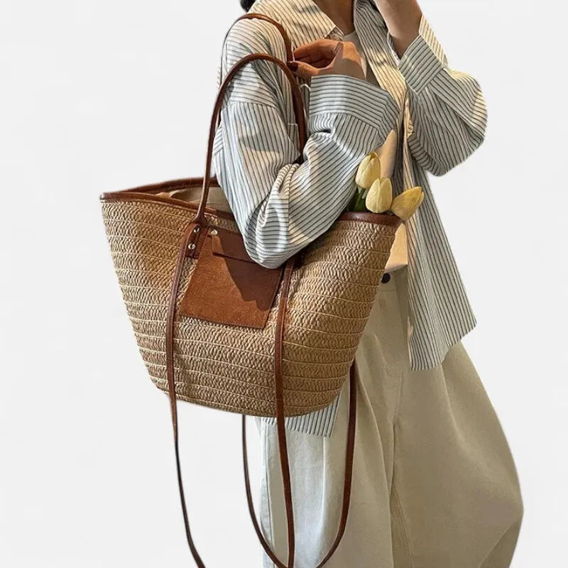 Grand sac à main cabas panier en paille double porté Anaëlle