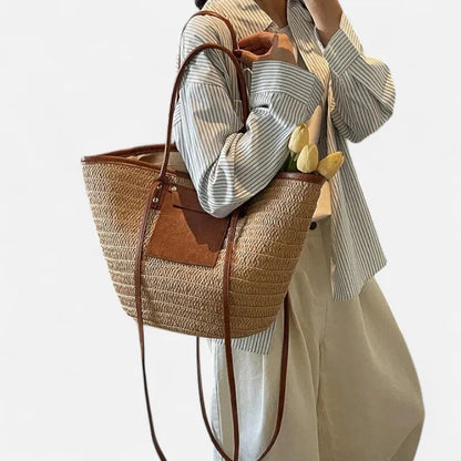 Grand sac à main cabas panier en paille double porté Anaëlle