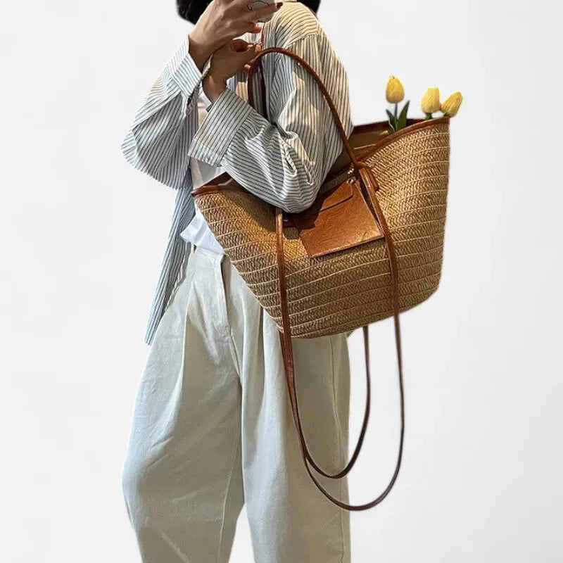 Grand sac à main cabas panier en paille double porté Anaëlle