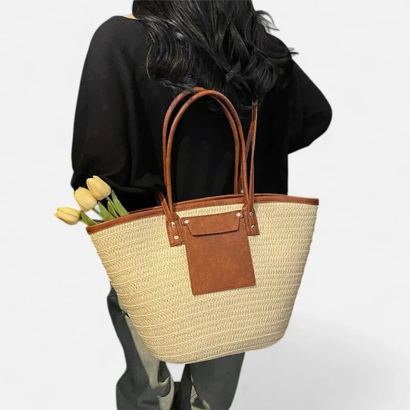 Grand sac à main cabas panier en paille double porté Anaëlle