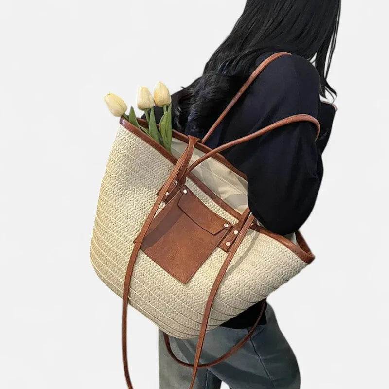 Grand sac à main cabas panier en paille double porté Anaëlle