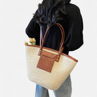 Grand sac à main cabas panier en paille double porté Anaëlle