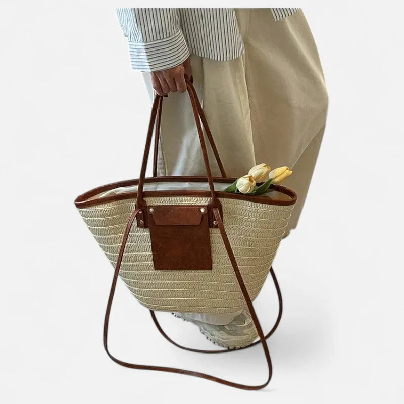 Grand sac à main cabas panier en paille double porté Anaëlle