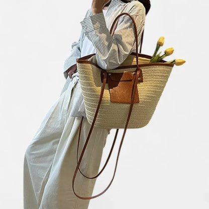 Grand sac à main cabas panier en paille double porté Anaëlle