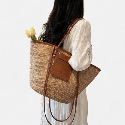 Grand sac à main cabas panier en paille double porté Anaëlle