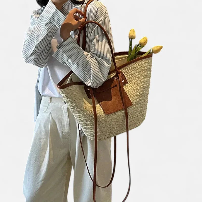 Grand sac à main cabas panier en paille double porté Anaëlle