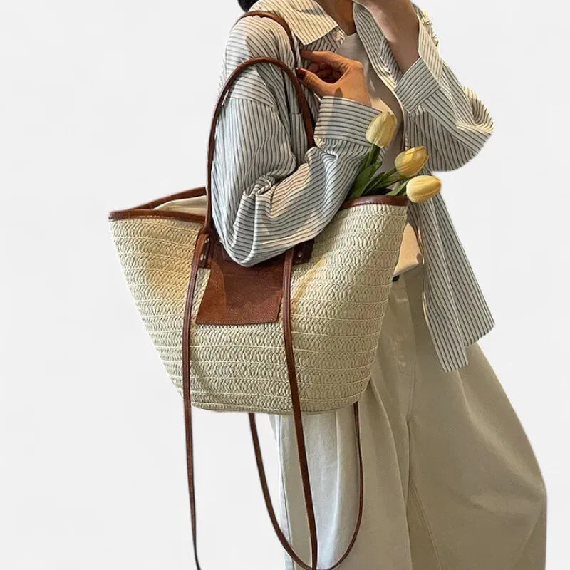 Grand sac à main cabas panier en paille double porté Anaëlle