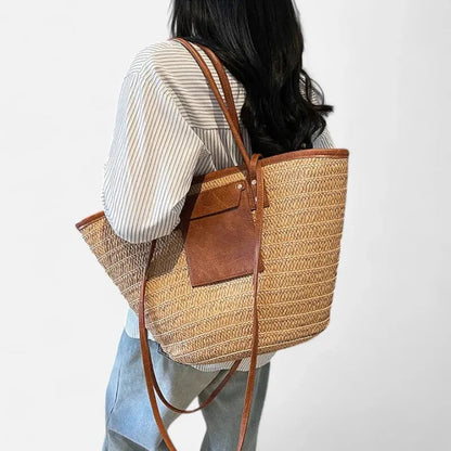 Grand sac à main cabas panier en paille double porté Anaëlle