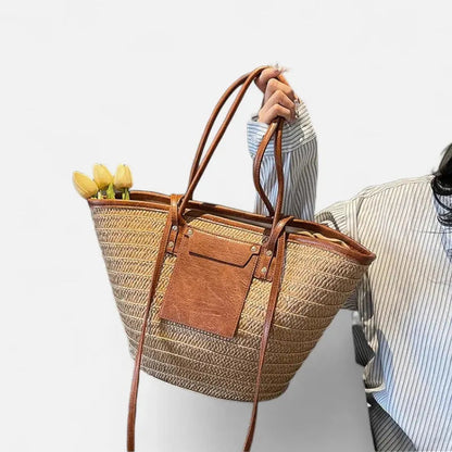 Grand sac à main cabas panier en paille double porté Anaëlle