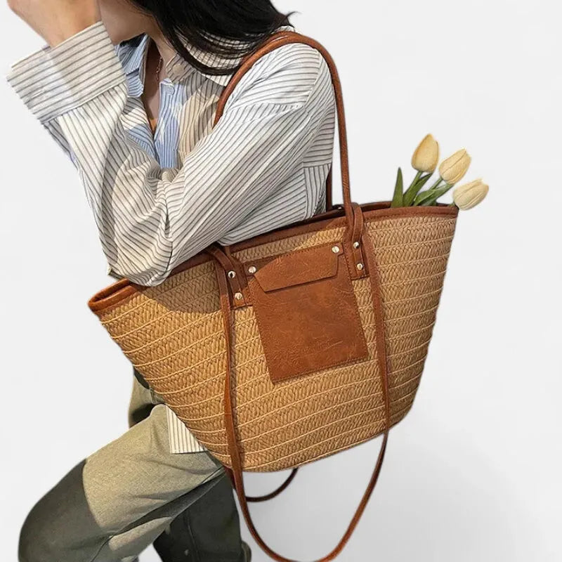 Grand sac à main cabas panier en paille double porté Anaëlle