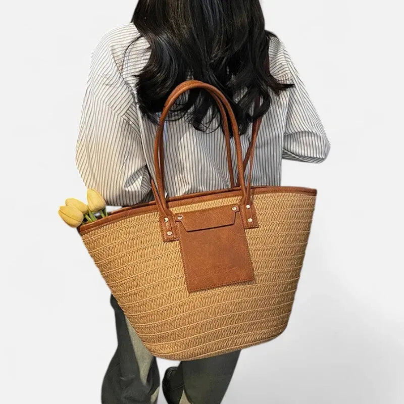 Grand sac à main cabas panier en paille double porté Anaëlle