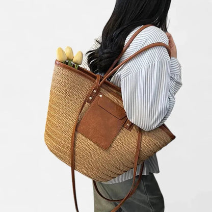 Grand sac à main cabas panier en paille double porté Anaëlle