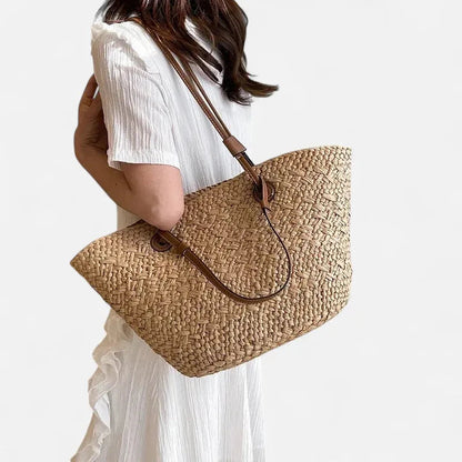 Grand sac à main cabas panier en paille double porté Marguerite