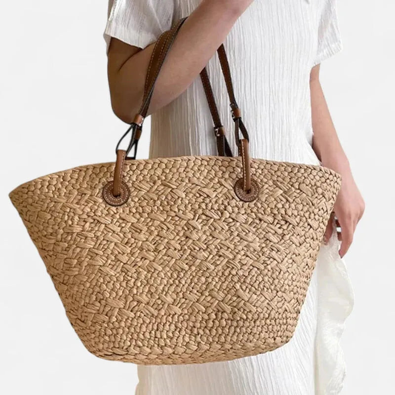 Grand sac à main cabas panier en paille double porté Marguerite