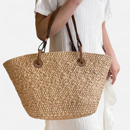 Grand sac à main cabas panier en paille double porté Marguerite