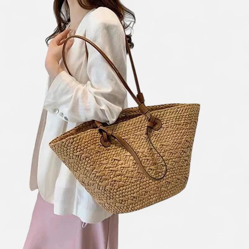 Grand sac à main cabas panier en paille double porté Marguerite