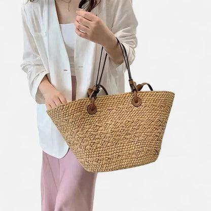 Grand sac à main cabas panier en paille double porté Marguerite