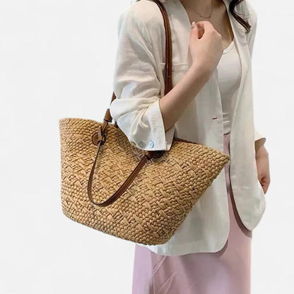 Grand sac à main cabas panier en paille double porté Marguerite