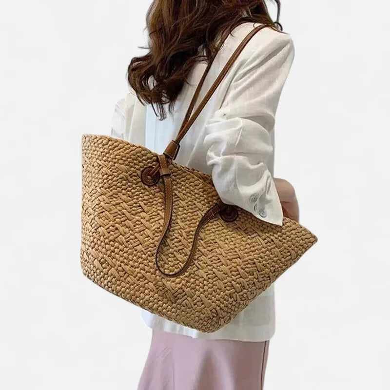 Grand sac à main cabas panier en paille double porté Marguerite