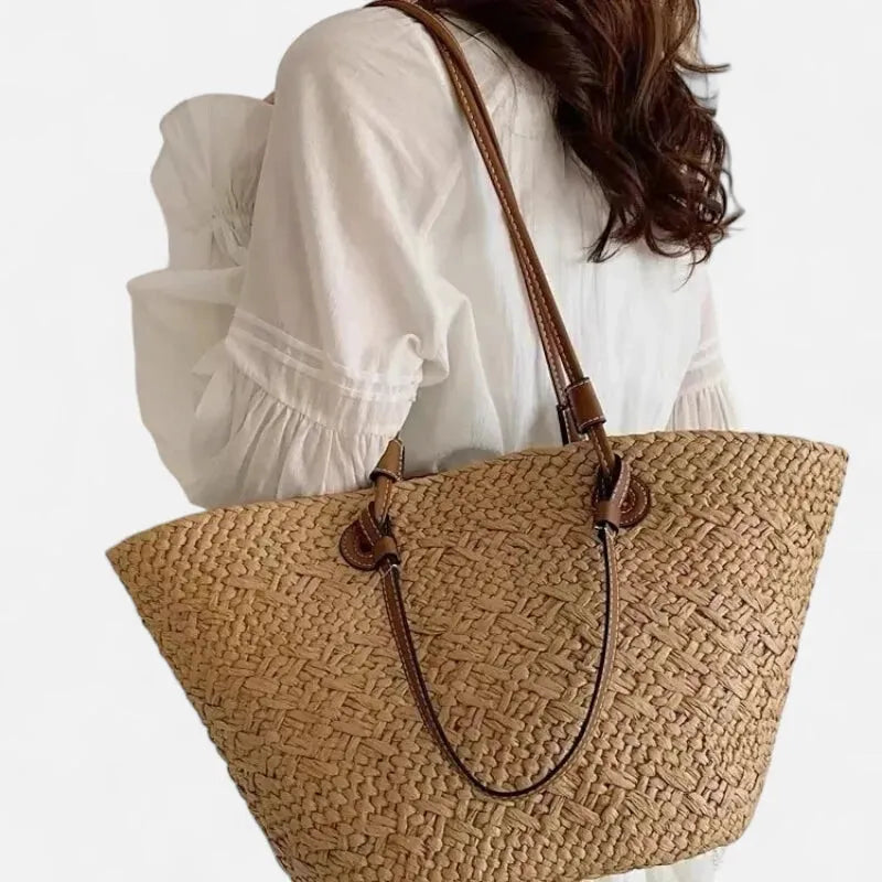 Grand sac à main cabas panier en paille double porté Marguerite