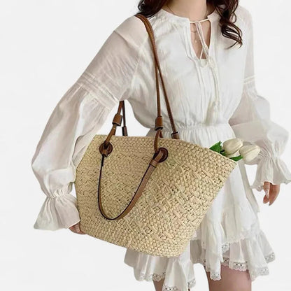 Grand sac à main cabas panier en paille double porté Marguerite