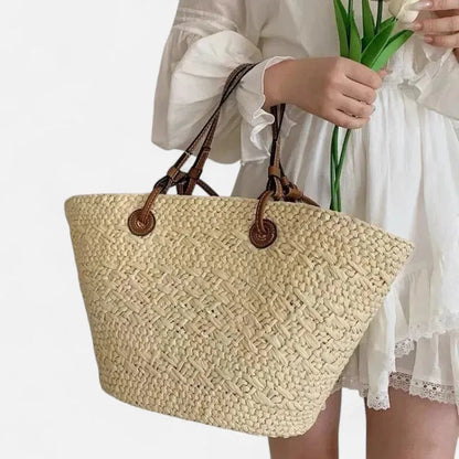 Grand sac à main cabas panier en paille double porté Marguerite