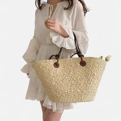 Grand sac à main cabas panier en paille double porté Marguerite