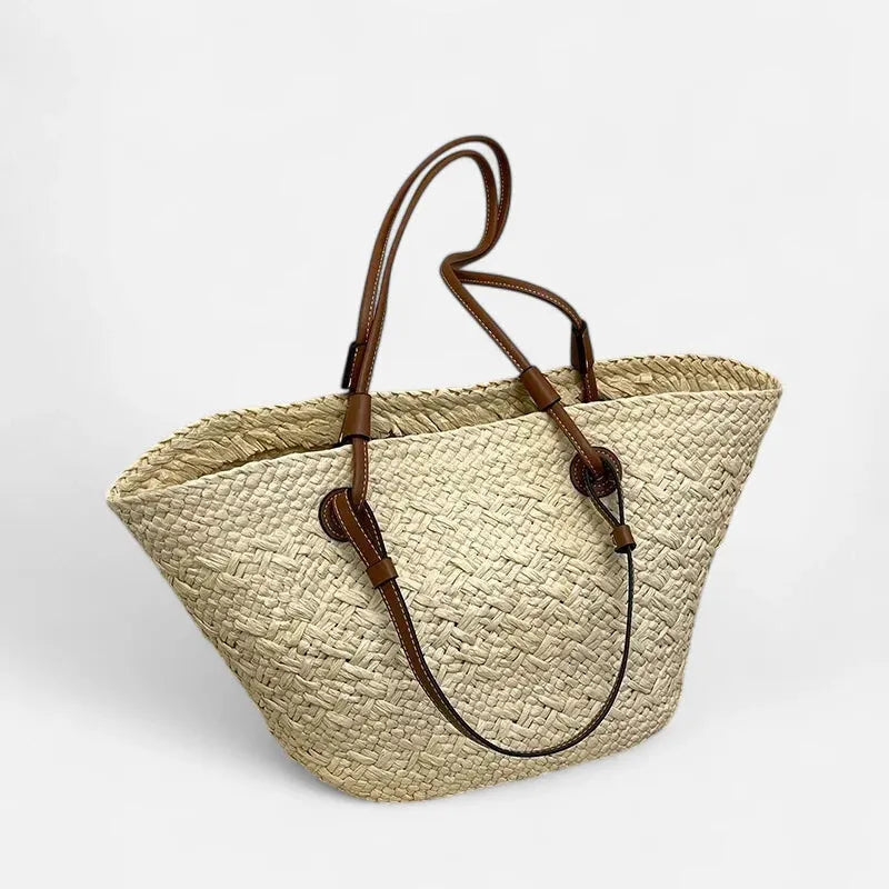 Grand sac à main cabas panier en paille double porté Marguerite