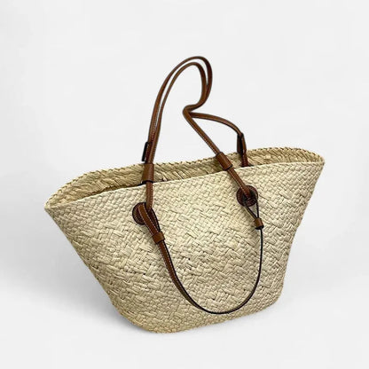 Grand sac à main cabas panier en paille double porté Marguerite