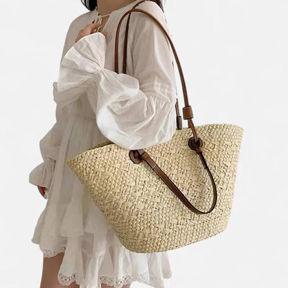 Grand sac à main cabas panier en paille double porté Marguerite