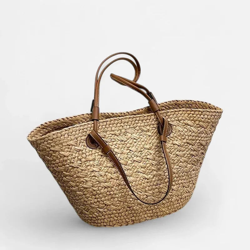 Grand sac à main cabas panier en paille double porté Marguerite