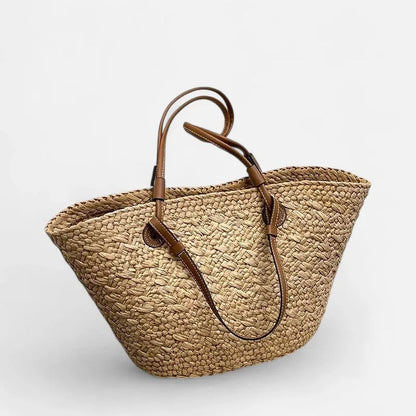 Grand sac à main cabas panier en paille double porté Marguerite